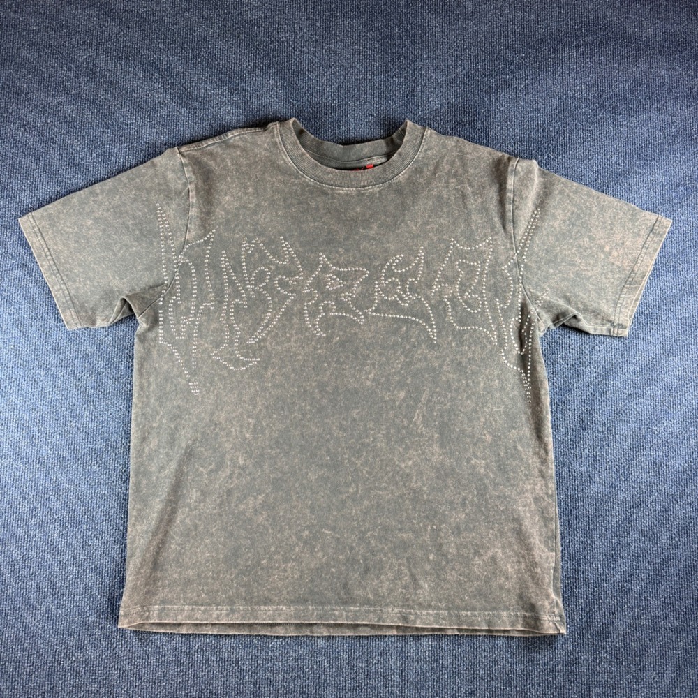Vitriol Mens Boxy T-Shirt Size M 23x26.5 Grey Acid Wash Rhinestone Streetwear